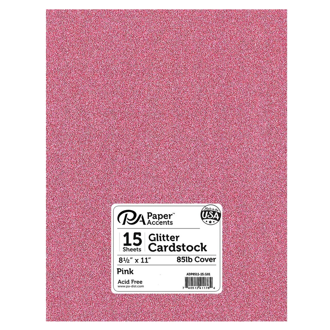 PA Paper Accents Glitter Cardstock 8.5" x 11" Pink, 85lb colored cardstock paper for card making, scrapbooking, printing, quilling and crafts, 15 piece pack
